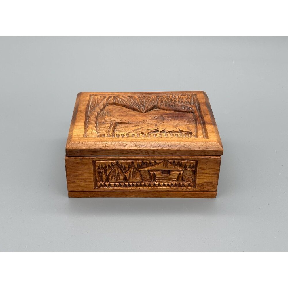 Vintage Hand Carved Wood Box With Hinged Lid | Ornate Geometric Scene Carving